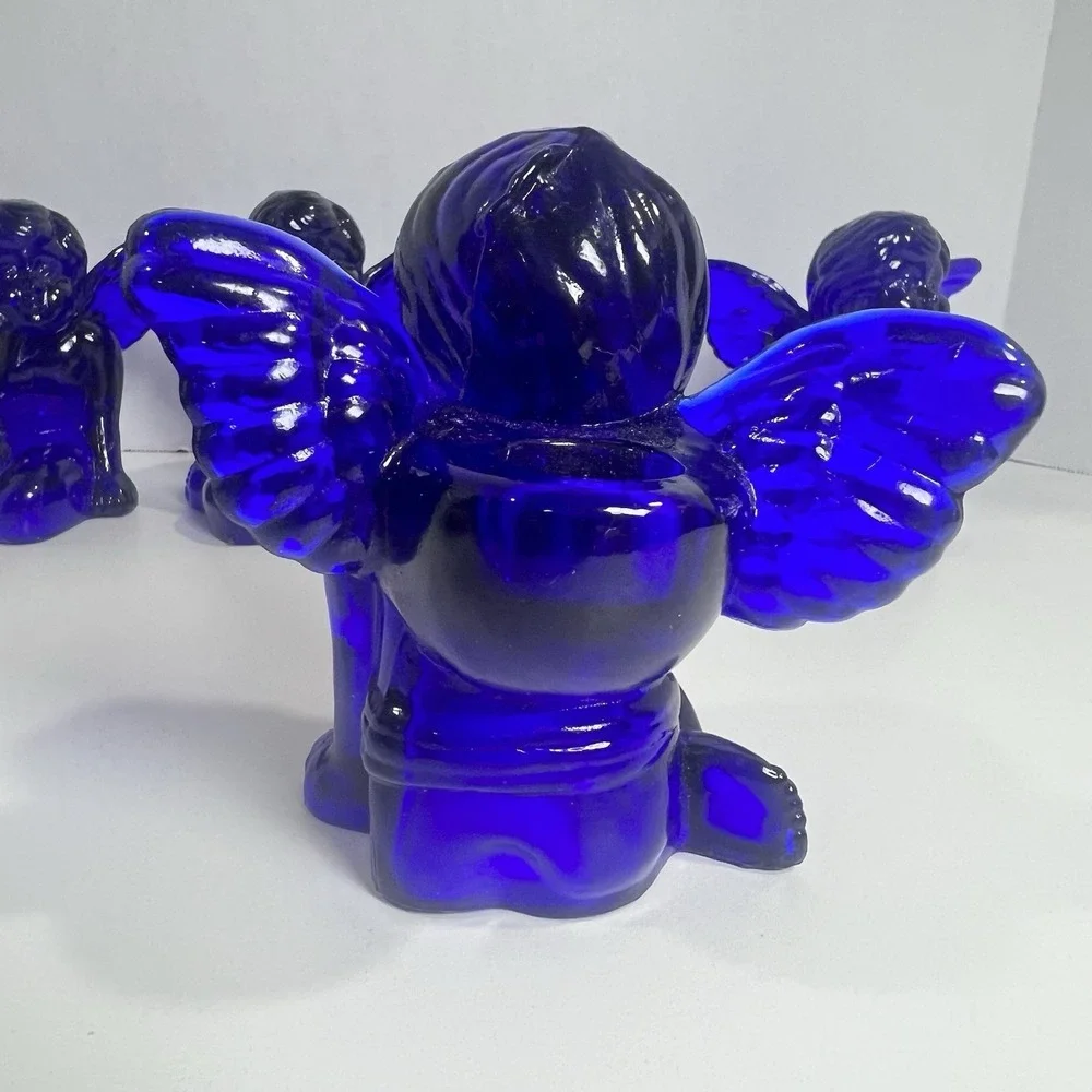 Vintage Cobalt Blue Glass Sitting Cherub Taper Candlestick Holders Set of 6